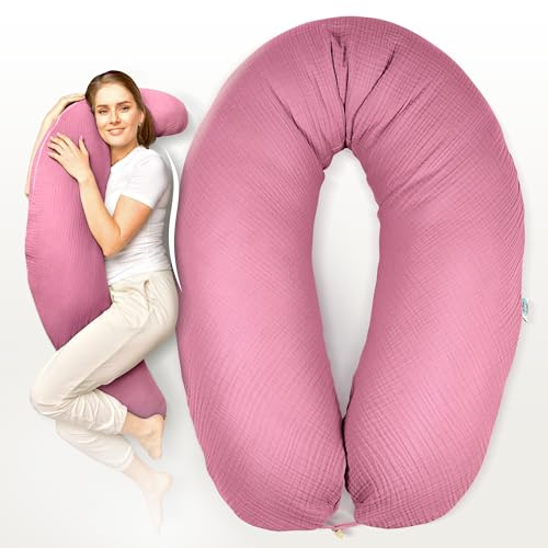sei Design Ökotex XXL Stillkissen + 1x Extra Stillkissenbezug | Schwangerschaftskissen Lagerungskissen | Bezug 100% Baumwolle Musselin Bio Baumwolle Seitenschläferkissen