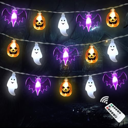 Zimati Halloween Lights Decor, 16 FT 30 LED 3D Pumpkin Bat Ghost Battery Operated String Lights with Timer - 8 Lighting Modes Fairy Lights for Home Door Porch Indoor Outdoor Party Decorations