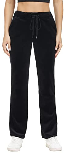 COZZIPLUS Damen-Velourshose, weiche Samt-Sweathose für Damen, gerades Bein, hohe Taille, Velours-Hose mit Taschen, Schwarz, Groß