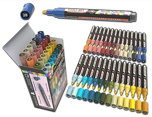 TOOLI-ART 28 Southwestern Colors Acrylfarbstift-Marker-Set, 3 mm mittlere Spitze, Felsmalerei, Glas, Tassen, Holz, Metall, Leinwand, Detaillierung. Ungiftig, auf Wasserbasis, schnell trocknend