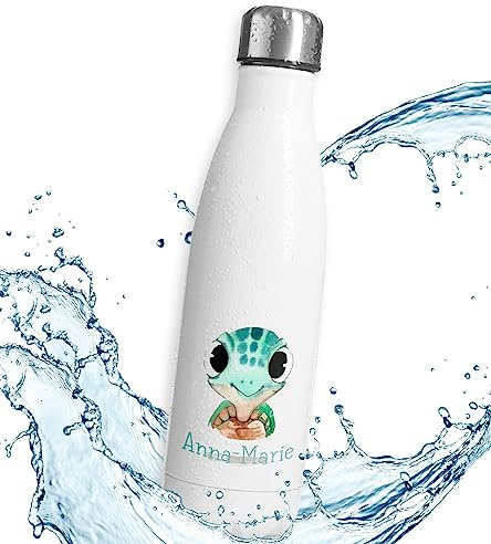 timalo® Thermosflasche Tiere personalisiert mit Namen auslaufsichere Edelstahl Trinkflasche Wasserflasche für Kinder Isolierflasche 500mL | Schildkröte