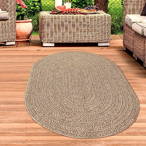 CARPETIA Outdoor Teppich Oval Natürliche Jute-Optik Beige Braun 140x200 cm | Pflegeleicht, UV-beständig, robust und langlebig, OEKO-TEX geprüft, für Fußbodenheizung, Balkon, Terrasse & Esszimmer