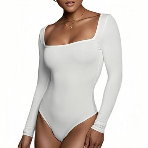 Rongseng Body Donna Maniche Lunghe Aderente Bodysuit con Scollatura Squadrata Sexy Body da Donna Manica Lunga Elegante Basic Tops Morbida Tinta Unita T-Shirt Casuale Elasticizzato Tuta Jumpsuits
