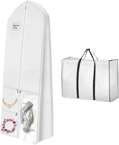 Hitopin 1 Stück Staubschutz für Brautkleid, Hochzeitskleid Aufbewahrungstasche, Tragbare Hochzeitskleid Tasche, Brautkleidhülle Kleidersack, für Langes Kleid, Mantel, Brautkleid(Weiß)