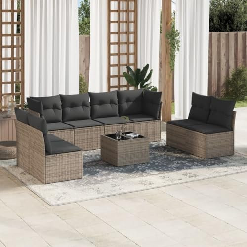THOYTOUI 9-TLG. Garten-Sofagarnitur, Gartengarnitur Set Outdoor Furniture Garten loungemöbel Set Garten essgruppe Geeignet für Garten Balkon Terrasse Veranda mit Kissen Grau Poly Rattan