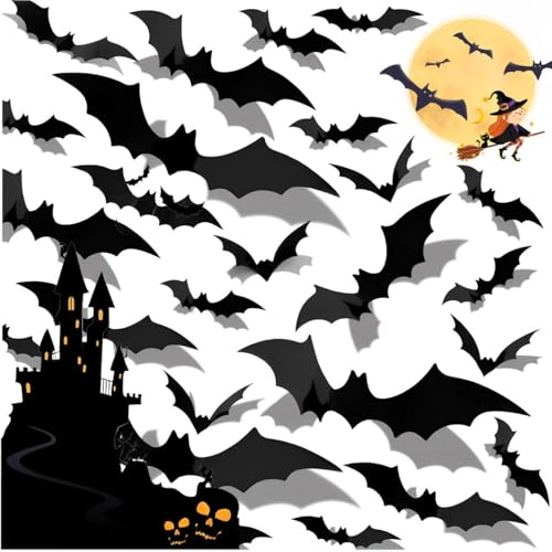 Lot de 120 autocollants muraux 3D chauve-souris pour Halloween, en 4 tailles différentes, PVC imperméable, noir effrayant, chauve-souris amovible, kit de décoration d'Halloween pour Halloween