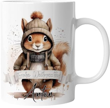 Tasse zu Weihnachten | Weihnachtstasse Tiere - Personalisiert mit Namen | Frohe Weihnachten - Kaffeetasse für Jungen und Mädchen - Eichhörnchen | mug-txZ-133