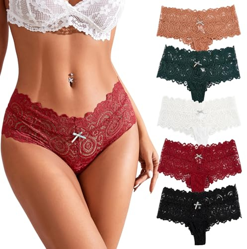 Amexo Lot de 5 String Femme Sexy Culotte en Dentelle Chic Lingerie en Dentelle Sexy pour Femme Tanga sous Vêtements Transparent (FR/ES, Alpha/Lettres, L, Taille Normale, Taille Normale, 5 Couleurs)