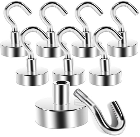 Anelueeoo 8 Pezzi Ganci Magnetici 20mm, Gancio Magnetico Magneti al Neodimio Con Gancio Con Occhielli Rotondi Ganci MagneticiPer Frigorifero Da Cucina, Campeggio, Soffitto, Griglia, Ufficio