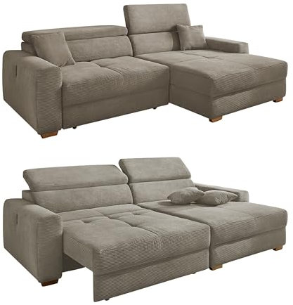 Ecksofa B277/H187/T109 cm mit elektrischer Sitztiefenverstellung, 60 cm ausfahrbar, Kopflehnen höhenverstellbar, USB-A u. USB-C Ladefunktion, Ottomane beidseitig montierbar, Cord Braun Taupe / 15401