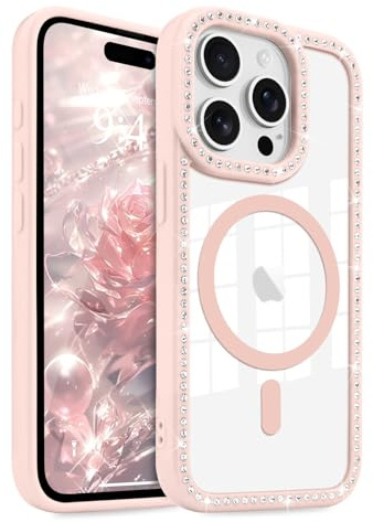 LCHULLE Magnetico per iPhone 15 Pro Max Cover Glitter Trasparente,Rosa | Compatibile con MagSafe,Trasparente Custodia Brillante Strass per Donne e Ragazze,Antiurto Glitterata Cover Silicone Case