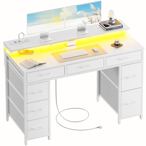HLFURNIEU Scrivania con 8 Tessuto Cassetti, Tavolo Gaming con Presa di Corrente & Porta USB, Scrivania PC Salvaspazio con LED, Tavolo Ufficio con Supporto per Monitor (Bianco, 120 × 50 cm)