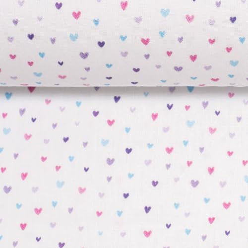 Baumwollstoff Kinder Motive Meterware – 100 % Baumwolle – 147 cm breit – Öko-Tex Standard 100 – ideal für Schultüten, Kinderkleidung, Kissen, Deko – ab 50 cm (Herzen, weiß)