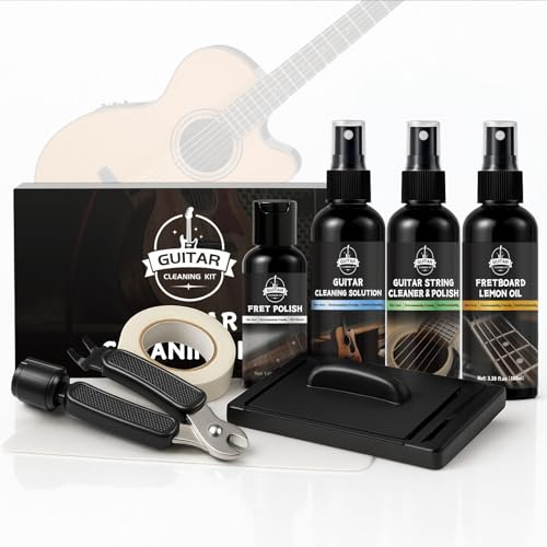 WAN2TLK 9-teiliges Gitarren-Reinigungsset, Gitarren-Wartungsset enthält Bundpolitur, Reinigungslösung, Griffbrett-Zitronenöl, Saitenreinigung und Politur, Saitenreiniger, Saitenkurbel, 2 Gitarrentuch