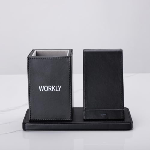 WORKLY® 10W Wireless Charging Stand with Pen Holder – Qi Fast Charger Dock for iPhone 15 14 13 12, Samsung Galaxy S24 S23 S22, Pixel, Huawei, Xiaomi – Desk Organiser for Office & Home
