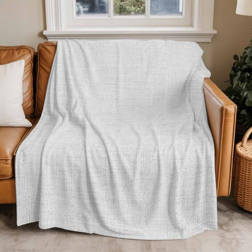 White Lightweight Throw Blanket, Farmhouse Burlap Solid White Color Modern Linen Texture Soft Cozy Fuzzy Fluffy Blankets, Fleece Flannel Plush Microfiber Blanket for Couch Sofa Bed 60x80