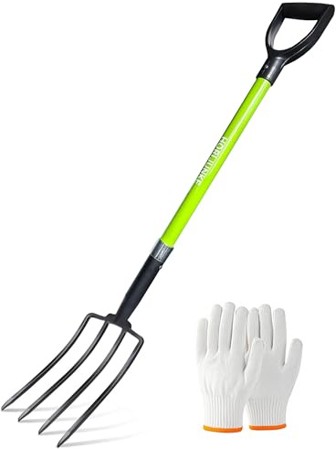 HORIJUNKE Forchetta da giardino, forcone a 4 denti, forcella da scavo a vanga, impugnatura a Y in acciaio forgiato, manico in legno, 114 cm