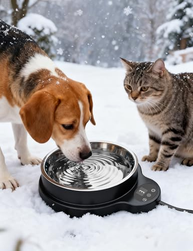 Beheizter Wassernapf für Hund & Katze, 3 Temperatureinstellungen & 12H Timer, Outdoor Beheizter Futternapf mit BPA-Frei und 1,417.5 g Abnehmbarer Edelstahlnapf für Hühner, Enten, Vögel, Anti-Kauschnur
