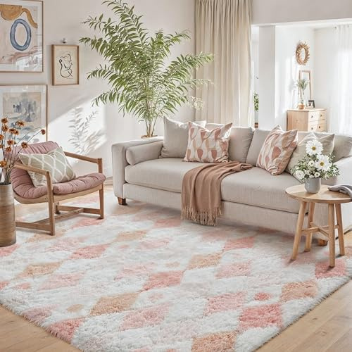 HUGEAR Kariert Flauschig Teppich Wohnzimmer 160x230cm Rosa Weiß Shaggy Carpet