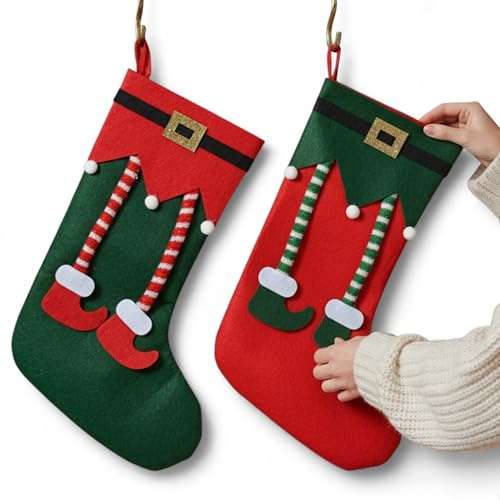MIJOMA Weihnachtsstrümpfe 2er Set – dekorative Filz-Socken mit Elfen-Design zum Befüllen & Aufhängen – Geschenkverpackung & Deko – 36,5 x 24 cm – Polyester