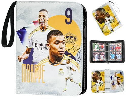 GOACRS Album de cartes à collectionner de football - Pour 400 cartes - Format A4 - Avec fermeture éclair et poignée de transport - 4 compartiments - 50 pochettes en cuir synthétique - 3 anneaux