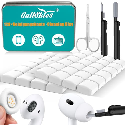GullSkies Reinigungsknete Handy & Kopfhörer Reinigungsset – 120 Stück in Metallbox, USB-C Reinigungsset mit 3-in-1 Reinigungsstift für AirPods, iPhone & Smartphone