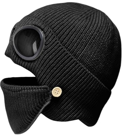 Bonnet en tricot – Bonnet à cache-oreilles thermique coupe-vent, chapeau antibruit pilote en tricot doux, conception de lunettes de masque intégrées | Couvre-chef à couverture complète pour temps