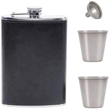 8 oz Hip Flask for Men, Leakproof Flask Alcohol with Funnel and Shots-BK | 304 Stainless Steel, PU Leather Wrapped, Portable, for Holding Whisky Vodka Liquor, Perfect for Hiking, Outdoor Activities