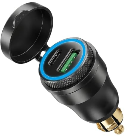 Cargador Enchufe Motocicleta USB C 30W y QC 3.0 DIN Hella, Impermeable Adaptador Aluminio con LED para BMW, Ducati, Triumph, 12V-24V Carga Rápida Mechero Coche Accesorios