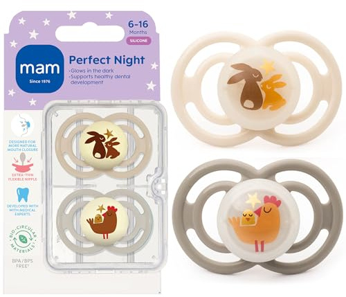 MAM Perfect Baby Pacifier 6-16 Months, Extra Thin Nipple, Developed with Orthodontists, Clinically Proven, Glows in The Dark, BPA-Free Silicone, Pack of 2, Made in Europe