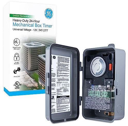 GE 46536 Interrupteur mécanique Robuste en métal résistant aux Chocs Tension 120 240 277 NEMA 3R Idéal pour Pompe de Piscine, Chauffe-Eau, éclairage extérieur, VAC Universel 24 Heures