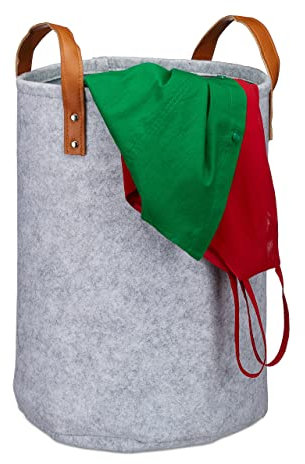 Relaxdays, grau Wäschekorb, Filz, Tragegriffe aus PU-Leder, 28 l Aufbewahrungskorb Kinderzimmer, Bad, HxD 45 x 30 cm, 45 x 30 x 30 cm