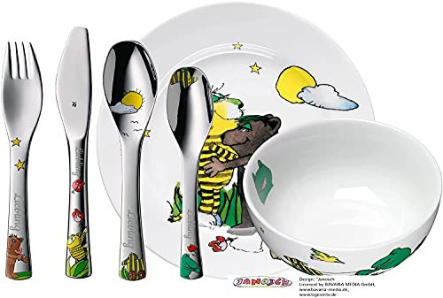 WMF Kinderbesteck mit Namensgravur - Besteckset Janosch 6-Teilig personalisiert - personalisierte Besteck Geschenkideen mit Müslischüssel und Teller - Weihnachtsgeschenke für Kinder