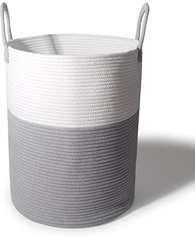 SYLANDO Wäschekorb mit Henkel 58L, Spielzeug Aufbewahrung, Aufbewahrungsbox Geflochten, Wäschesammler Groß, Aufbewahrungskorb Kinderzimmer (Grau, D 38 x H 50 CM)