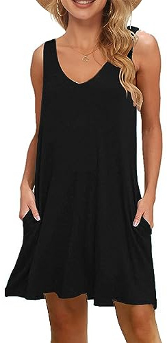 WNEEDU Dam sommar strandklänningar ledig ärmlös täckande v-ringad swing tank klänning med fickor, Black, M