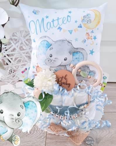 Windeltorte mit Name - Kuschelkissen Elefant Junge I Geschenk, Babyparty, Geburt + auf Wunsch, gratis Grußkärtchen