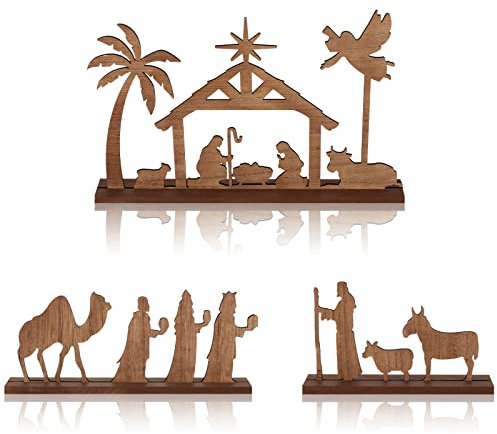 Gerrii Wooden Hand Painted Figure Nativity Wooden Set Christmas Decorations Indoor Wood Table Top Holiday Decor for Home Tabletop Mantel Display (Classic Style, 3 Pcs)