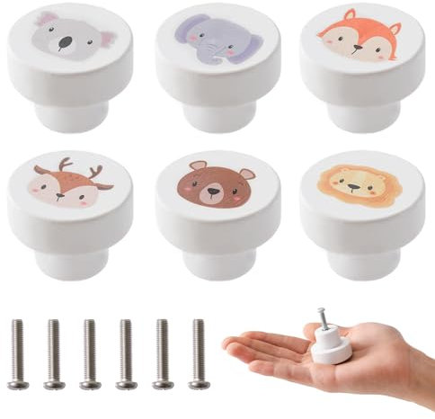 OESSUF 6 Stk Schrankknöpfe Holz fur Kinderzimmer, 35mm Runde Schubladenknopf Möbelknöpfe mit Schrauben, Holzgriffe für Schränke Weiß Schranktürknöpfe für Kinder