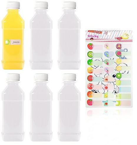TAFACE - Juego de 6 botellas de jugo transparentes, 1 pegatina de fruta, contenedor de 250 ml, PET reutilizable, leche y jugo (tapa blanca)