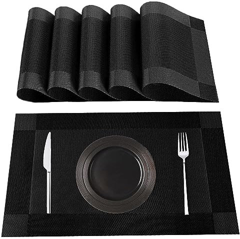Lumaca Tovagliette Americane Lavabili, Set di 6 Tovagliette Colazione in 70% di PVC e il 30% di Poliestere, Antiscivolo, Resistenti al Calore, per Tavolo da Cucina,Nero