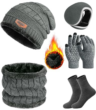 Vijamiy Ensemble Bonnet Écharpe pour Homme Beanie Bonnet Hiver Foulard Polaire Doublé Gant Tactile Cache Oreilles Chaud Chaussettes Tricotés Thermiques 5 en 1(Gris)