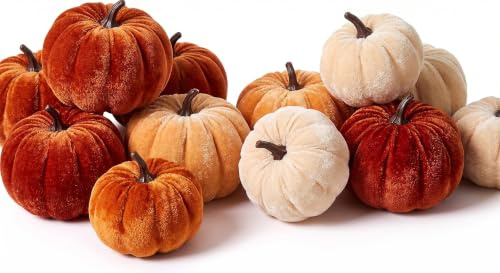 12 Pcs Faux Velvet Mini Pumpkins Artificial Pumpkin - Halloween Party Decorations - Fall Faux Pumpkins for Halloween, Fall, and Thanksgiving Party Decorations (Orange)
