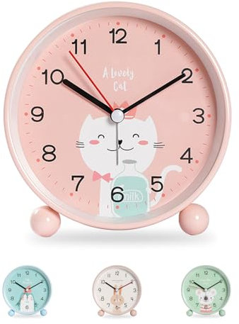 Idota Réveil Educatif Jour/Nuit - Sans Tic-Tac Analogique avec Alarme de Voyage pour Enfants, Étudiants et Adolescents (Chat Rose)