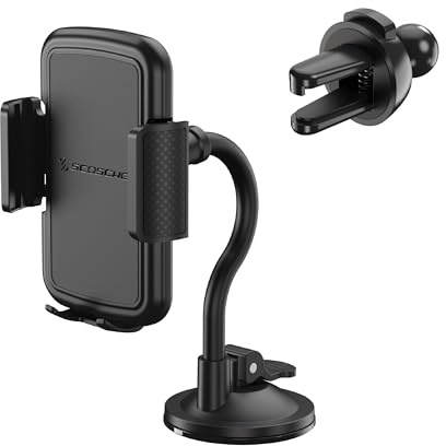 Scosche 4-in-1 Universal Suction Cup Cell Phone Holder for Car Vent/Dashboard/Console/Windshield, Adjustable Hands-Free Phone Car Mount, Cellphone Stand Compatible with iPhone 16/15/14/13/12 & Android