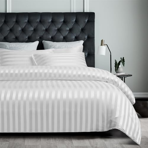 YASMENG Housse de Couette Satin 200x200 Blanc Rayé Brillant Deluxe Parure de Lit Satin Doux Soyeux Soie Linge de Lit 2 Personne Adulte avec Fermeture Éclair avec Taies d'oreiller 65x65 cm
