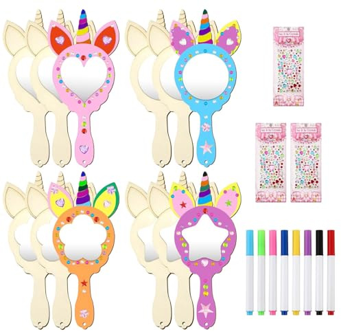 Gebrazy Set mit 12 Bastelsets für Spiegel, Einhorn, Handwerk aus Holz, zum Bemalen – Holzspiegel zum Bemalen – für Kinder – Partygeschenk – Bastelset aus Holz für Kinder