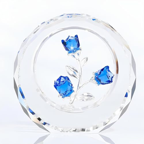 Crystal Tulips Rose Collectible Figurines,Blue Glass Flowers in Crystal Dome,Tiny Shiny Rose Figurines, Crystal Glass Roses with Stems, Rose Deco for Home, Holiday Creative Gift (Blue)