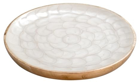 SIGNES GRIMALT Coupe Plateau Assiette ronde en manguier et résine, Motif écailles nacrées blanches, diamètre 23 cm