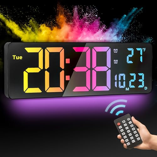 16 tum stor digital väggklocka, 11 färger RGB, automatisk ljusstyrka dimmer stor nattlampa, legal tid, veckodatum, dubbel väckarklocka, äldre gåva