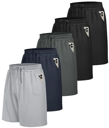 BOOJO 5 Pack Gym Shorts Men with Pockets UK Sports Breathable for Running Training(Black+Black+Dark Grey+Navy+Light Grey,L)